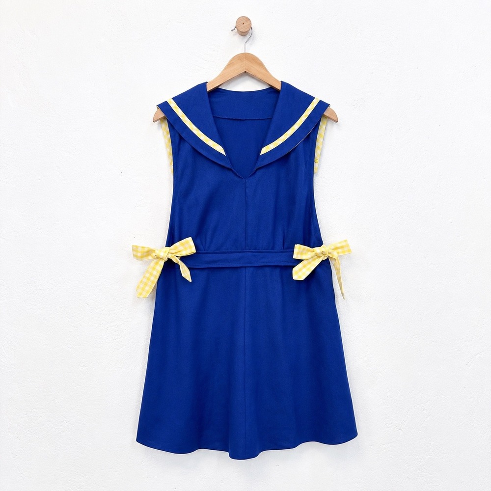 Vintage Blue Sailor Dress Yellow Gingham Bows Nautical Handmade Beach 60s Gidet